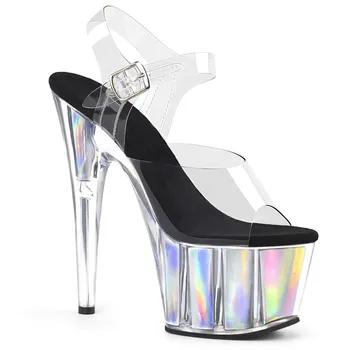 021 Нови цветни сандали от PVC с високи токчета 17 см / 7 инча; Пикантни модела обувки за показване и танци на един стълб