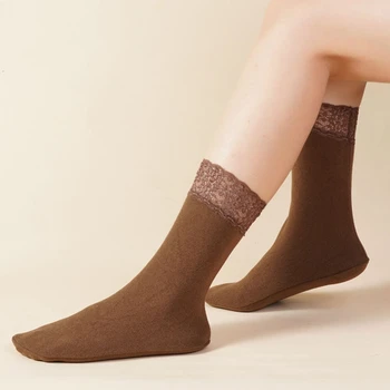 2 чифта зимни утолщенных топли едноцветни плюс кадифени зимни чорапи с дантелен шевове, прости домашни кадифени чорапи голям размер от средната тръба