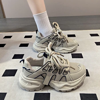 2023 Висококачествени мъжки обувки за татко, Дамски ежедневни обувки на дебела подметка с шнур в стил мозайка, есенна дишащи дамски обувки