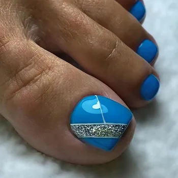 24шт Готически Сини Френски изкуствени нокти на краката, Сребърни блестящи режийни ноктите на краката си с лепило, подходящ за носене на Къси режийни ноктите на краката си плоска форма