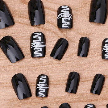 24шт черни режийни нокти в стил пънк с пълно покритие за маникюр със собствените си ръце