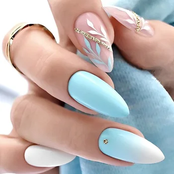 3D аксесоари за режийни нокти наклон син цвят със златни диаманти и френски бадеми изкуствени облицовки за акрилни режийни ноктите