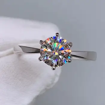 HOYON Луксозна брилянт в короната от 1 карата, Класически Регулируема женски пръстен с шест нокти, s925, Сребърен цвят, Сватбени украси, Подаръци