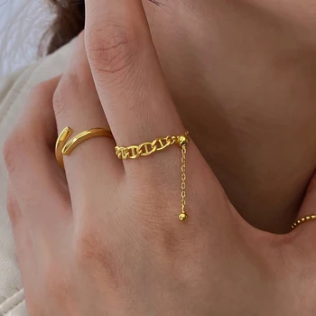 SRCOI Прости Регулируеми пръстени с пискюли Златен цвят Верига с окачване от мъниста Геометричен pig носа Бижута за пръстите за жени Подаръци за момичета