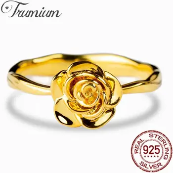 Trumium 18-Каратово позлатените Сребро 925 Проба, Реколта пръстени с цветни рози, Годежен пръстен в стил ретро, подарък