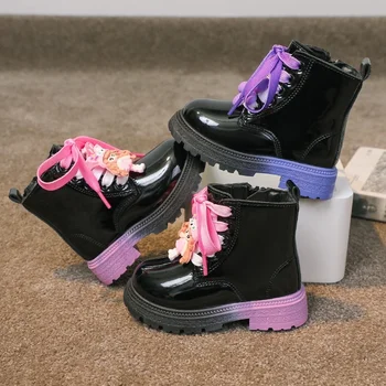 Ботуши за момичета Есенни Розово-Лилаво, от лачена кожа, сладък Детски къси ботуши 22-33 г., модни детски обувки с кръгло бомбе за деца