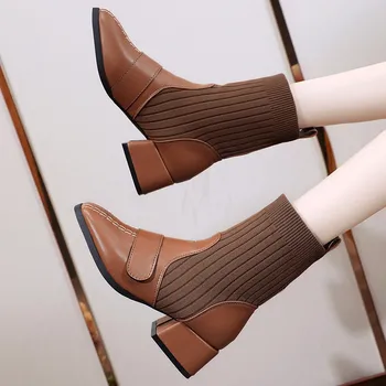 Ботуши на среден ток, зимни обувки за жени, сабо, луксозни дизайнерски обувки на платформа, дамски чорапи 2023 г., модни дамски гумени ботуши Есен