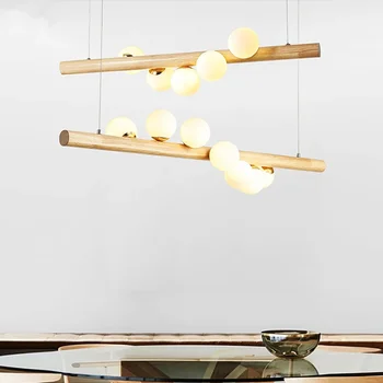 Висящи лампи Модерен полилей със стъклена топка G9 Окачен лампа за осветление трапезария Led лампа с дълъг дървен дизайн Wood Art
