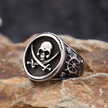 Готическата Реколта Pirate signet от неръждаема стомана, Двойно нож, Пръстен с череп За мъже, Модни пръстени с компас на Викингите, Вечерни бижута-амулети