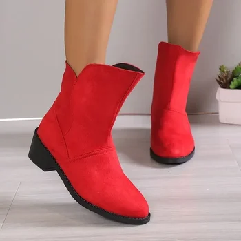Дамски ботуши в стил Уестърн, есен-зима 2023, Нови дамски обувки от изкуствен велур, прости елегантни червени къси ботуши, Ежедневни дамски обувки на открито