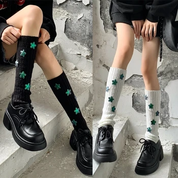 Дамски гети Y2K за момичета, дълги чорапи до прасците, гамаши от рубчатого фланелка с аппликацией под формата на звезди, 066C