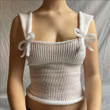 Дамски летни плетени потници Y2K за възрастни и момичета, скъпа жилетка без ръкави с квадратни деколтета, най-тениски с лък, градинска облекло