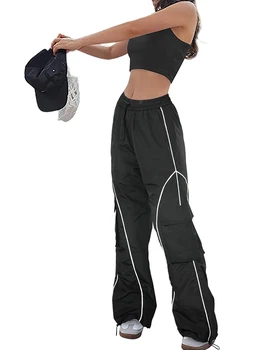 Дамски панталони-парашут Y2K, широки панталони-с карго джобове, модни директни широки панталони с еластичен ластик на талията и завязками