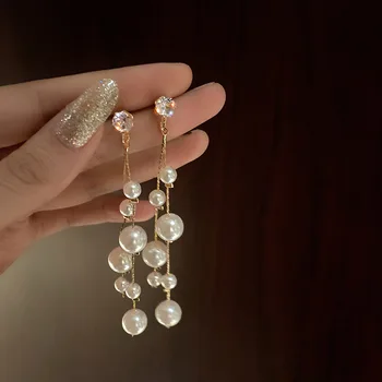 Дълги обеци, елегантни Дамски обеци с жемчужными пискюли, кристални обеци, Корейски модни висящи обици, декорации за сватбени партита