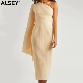 Елегантна плиссированное рокля ALSEY Miyake за жени На едно рамо, обикновена тънка вечерни дълги рокли за партита, новата пролетно облекло