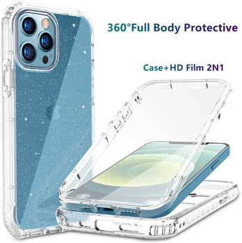За iPhone 12 Mini 11 Pro Max X XS 7 8 Plus SE Луксозен Калъф С Блестящи Побрякушками Прозрачен Калъф 360 Защита на Цялото Тяло, Калъф За Телефон