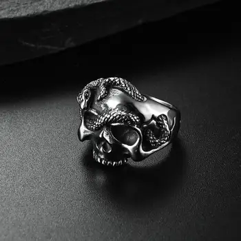 Индивидуално пръстен в стил пънк, хип-хоп, Уникален сребърен цвят, Змия череп, мъжки ретро готически тенденция аксесоари, бижута за подарък