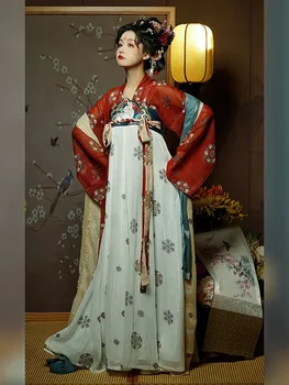 Китайската пола на Династията Тан Hanfu Автентична Оригинална Дамски Пролетно Пола На гърдите Guofeng Пролетен Комплект От Четири части-Пола За Танци Pibo