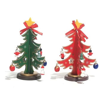 Коледна украса от 2 теми Малки Декорации за Коледната елха Дървени Орнаменти за десктоп мини коледно дърво, Червено и зелено
