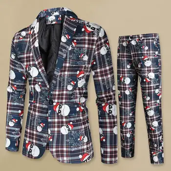 Комплект от яке и панталон, мъжки оборудвана костюм, стилен мъжки костюми за коледната среща с принтом Дядо Коледа под формата на снежинки, цвят на клетка
