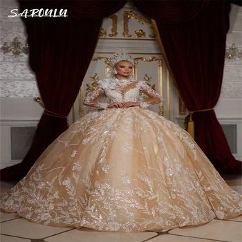 Кралско Дантелено Сватбена рокля с дължина до пода, в Луксозна Сватбена рокля С Дълбоко V-образно деколте, Елегантен, Расшитое Мъниста, Vestido De Новия