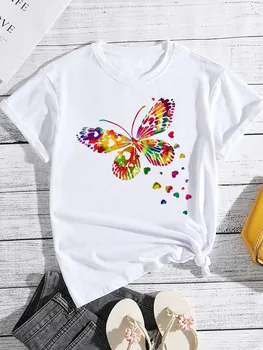 Лилава тениска с принтом Листенца Пеперуди, Дамска Черна тениска, Дамска Мода Естетически Потници, дамски тениски Harajuku С кръгло деколте