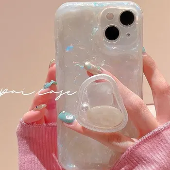 Луксозна поставка с скъпоценния камък във формата на миди за iPhone 14 Pro Max 14 Plus Pro 13 12 11 Задния капак за предпазване от падане в корейски стил с перли