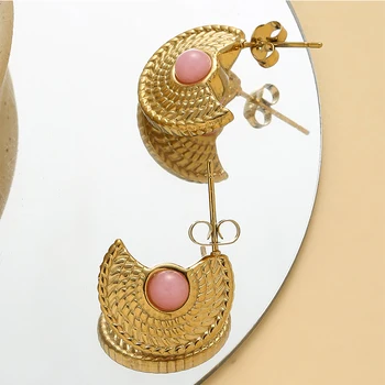 Луксозни геометрични ветрилообразни обеци-карамфил за жени, модни обеци-карамфил от неръждаема стомана, розов цвят, естествен камък, украси за партита