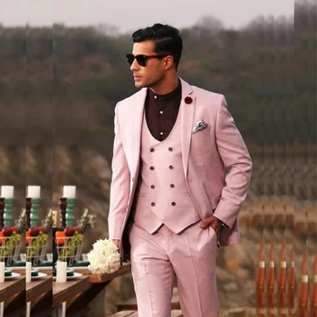 Модерен розов блейзър с однобортным деколте върху плоска подметка, луксозни мъжки костюми за сватба, тесни костюми на младоженеца, пълен комплект от 3 теми, яке, Панталони, жилетка