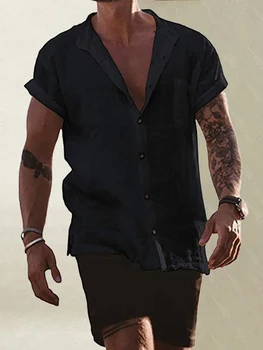 Мъжки обикновена Летни блузи с отложным яка, свободна памучен бельо casual риза на тънки копчета, градинска дрехи, мъжки ежедневни риза с къс ръкав 2022 г.