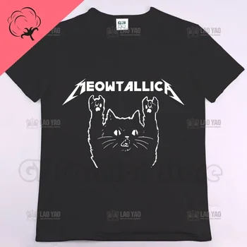 Мяуталлика, забавни котка, рок-музика, висококачествени памучни тениски с принтом, Хит на продажбите, Летни тениски с принтом, Модни потници
