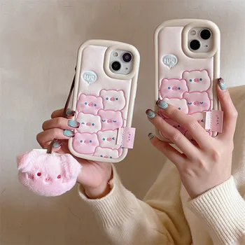 На цял екран Розово Сладко Голям Плюшено Каишка Кожен Калъф За iPhone 15 14 13 12 Pro Max Калъф За вашия Телефон