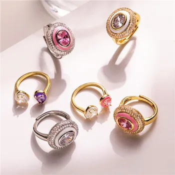 Нов женски пръстен от 18-каратово злато, с розов кристал и цирконии, Регулируем пръстен, с овални сърце, Популярната бижута, Подарък за двойка на фестивала
