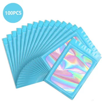 пакети от 100 синя холографски полиестерен филм с прозрачно запечаткой и възможност за повторна употреба, на които предпазват от миризмата на опаковки от алуминиево фолио