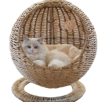 Подвесная кошница от ратан Cat Nest, Полузакрытая кръг, Four Seasons, Универсални сменяеми и пере, за да проверите за домашни любимци, легло за котки Вила