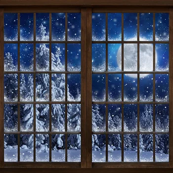 Прозорец Зимна нощ на Пълнолуние Дърво Сняг снимка фон Висококачествена компютърна печат фон за парти