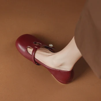 Пролетни дамски обувки-лодка от естествена кожа 22-24,5 см, детски обувки Mary Jane от естествен велур + свинска кожа, дамски обувки с кръгло бомбе и с т-образна катарама