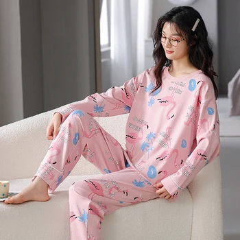 Пролетно-есенен женски пижамный комплект от 100% памук, пижами за почивка с дълъг ръкав, дамски пижами