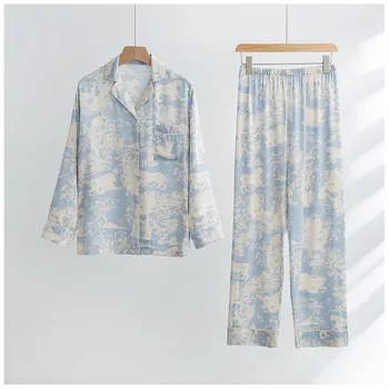 Пролетно-лятна сатен пижама с дълги ръкави и принтом небето за жени, Вискозный жилетка, домашно облекло, прекрасна и благородна облекло за сън