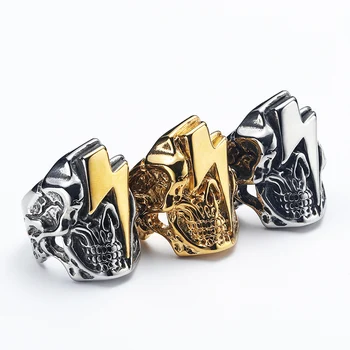 Пънк-готически титановая стомана, стръмни пръстени с черепи-светкавици за мъже, рок-бижута, злато, сребро, цвят, директна доставка, Размер 7-13
