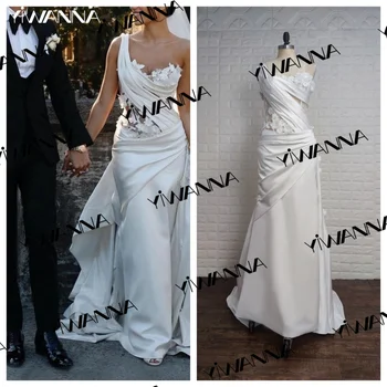 Секси сватбена рокля с отворен гръб на едно рамо, Класическа рокля в 3D-цветенце за булката, Елегантна атласное дълга сватбена рокля в сгъвката на Robe De Mariée