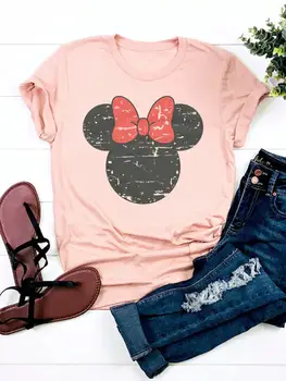 Сладък Модни ежедневни тениски с шарени бод и шарките на Мики Маус от Дисни, лятна дамска тениска