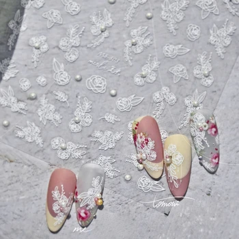 Снежно бяла роза, лентови линии, лък, перлени кристали, 5D Релефи, Самозалепващи стикер за декорация на нокти, 3D стикер за маникюр