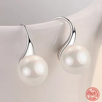 Сребърни обеци с перли във формата на капка вода 925 проба за жени, модни бижута