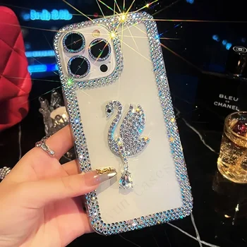 Украсени със Скъпоценни Камъни Калъф за мобилен телефон с Каишка във формата на Лебед за Samsung Galaxy S22 S23 S21 S20 Ultra Plus, 3D Блестящ Диамант на кутията