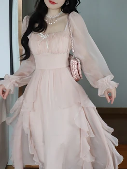 Франция Винтажное Rose Шифоновое рокля Сладък Фея, секси Елегантна вечерна луксозно модно рокля Midi, Корейска рокля с изгорени ръкави, есен 2023 г.