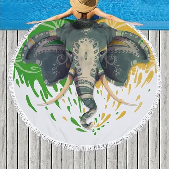 Цвете Бохо От Микрофибър Индийски Слон Лятото Кръгло Плажна Кърпа 150 см, с Четка за Възрастни с Цветни Принтом, Морски Шал, Кърпа