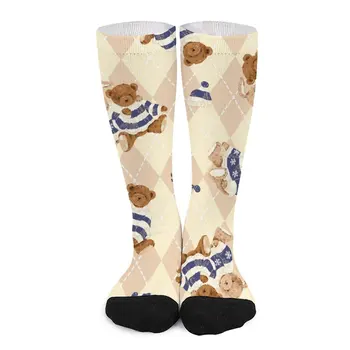 Чорапи с шарени мультяшного мечка, забавни чорапи с геометрия, унисекс, Меки Чорапи за скейтборд, Зимни мини чорапи с принтом