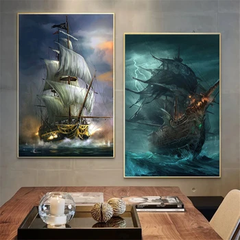 Щампи на ветроходни кораби и плакати на Пиратски кораб в морето на Яхта Платно Стенни живопис Морски пейзаж Картини за Декорация на дома Cuadros