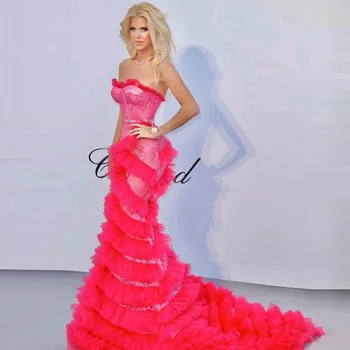 Ярко-Розово дантелено рокля на Русалка, без презрамки, с къдри, Елегантни Буйни вечерни рокли, с влак, с Нов дизайн, Пурпурно рокля за абитуриентски бал, мода